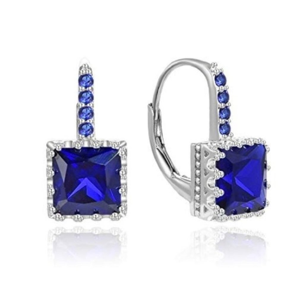 Blue Sapphire Princess Cut 925 Silver Earrings